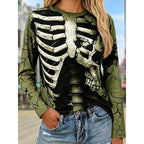 Skeleton Print Long Sleeve Top Women's Crew Neck Graphic Tee – Halloween, Casual