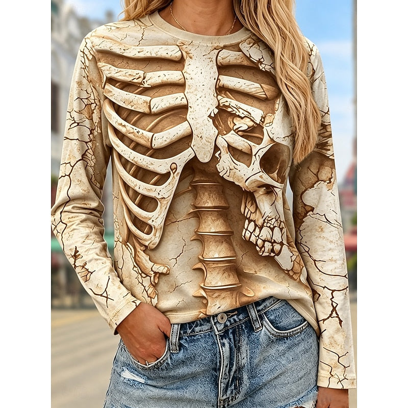 Skeleton Print Long Sleeve Top Women's Crew Neck Graphic Tee – Halloween, Casual