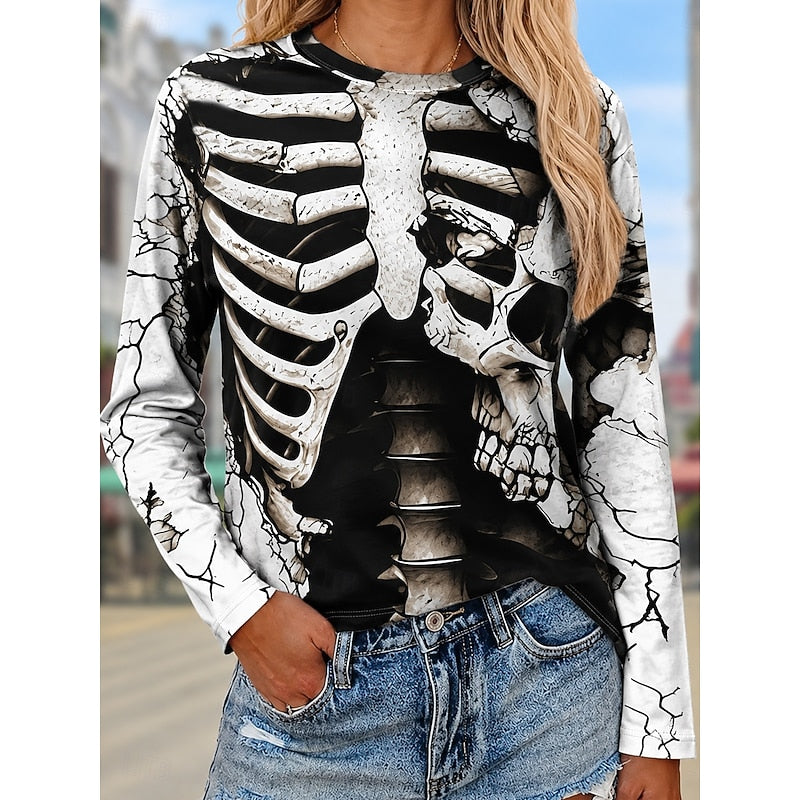 Skeleton Print Long Sleeve Top Women's Crew Neck Graphic Tee – Halloween, Casual
