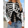 Skeleton Print Long Sleeve Top Women's Crew Neck Graphic Tee – Halloween, Casual