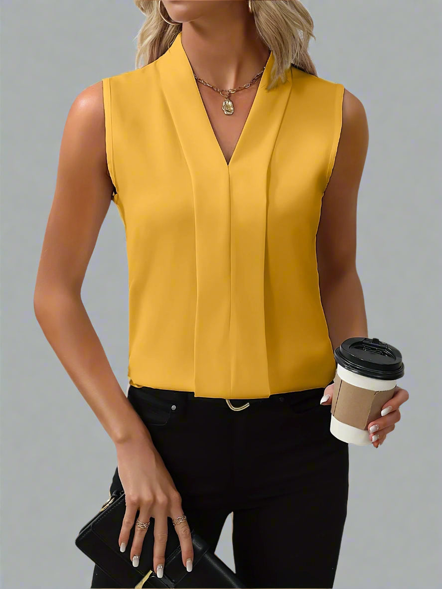 Sleeveless V-Neck Blouse Women's White Pleated Front Top – Office, Casual · Faylori
