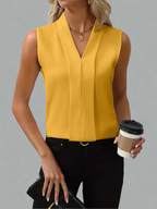 Sleeveless V-Neck Blouse Women's White Pleated Front Top – Office, Casual · Faylori