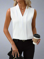 Sleeveless V-Neck Blouse Women's White Pleated Front Top – Office, Casual · Faylori