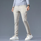 Slim-Fit Pants Men's Drawstring Waist Elastic Beige Casual Trousers – Office, Everyday Wear