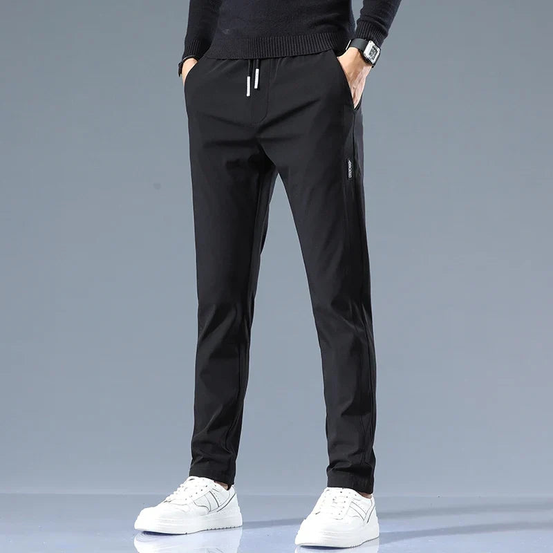Slim-Fit Pants Men's Drawstring Waist Elastic Beige Casual Trousers – Office, Everyday Wear