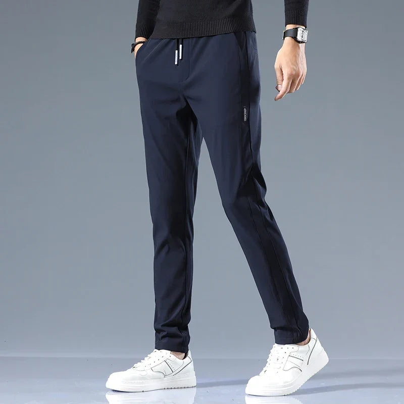 Slim-Fit Pants Men's Drawstring Waist Elastic Beige Casual Trousers – Office, Everyday Wear