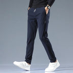 Slim-Fit Pants Men's Drawstring Waist Elastic Beige Casual Trousers – Office, Everyday Wear
