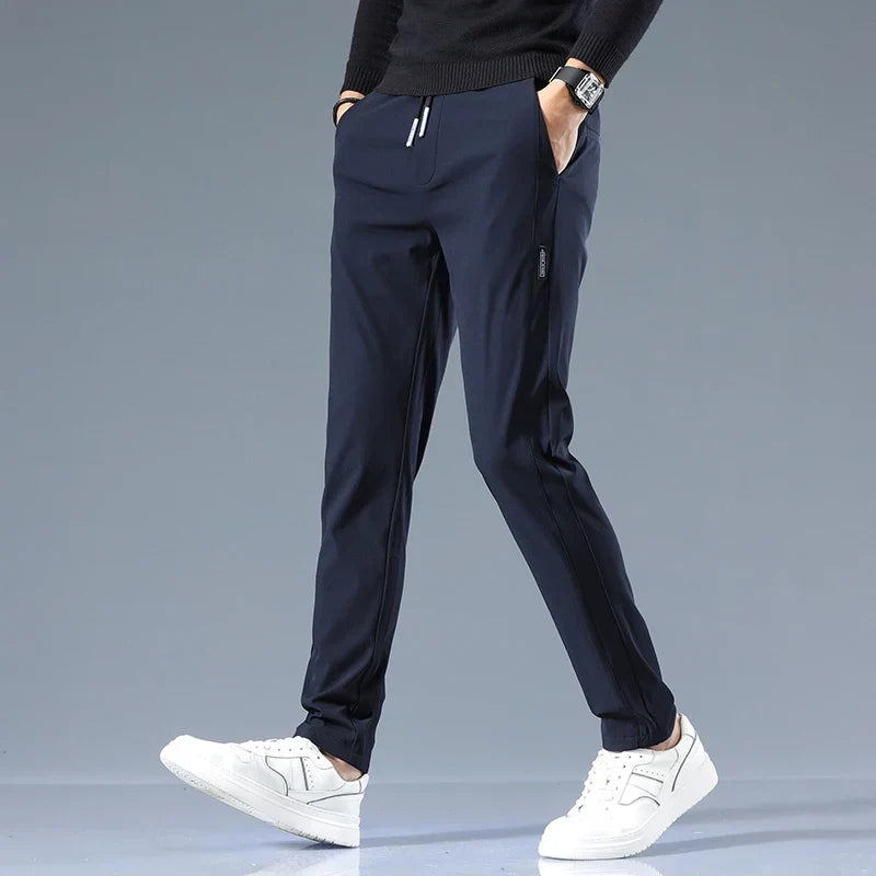 Slim-Fit Pants Men's Drawstring Waist Elastic Beige Casual Trousers – Office, Everyday Wear