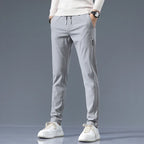 Slim-Fit Pants Men's Drawstring Waist Elastic Beige Casual Trousers – Office, Everyday Wear