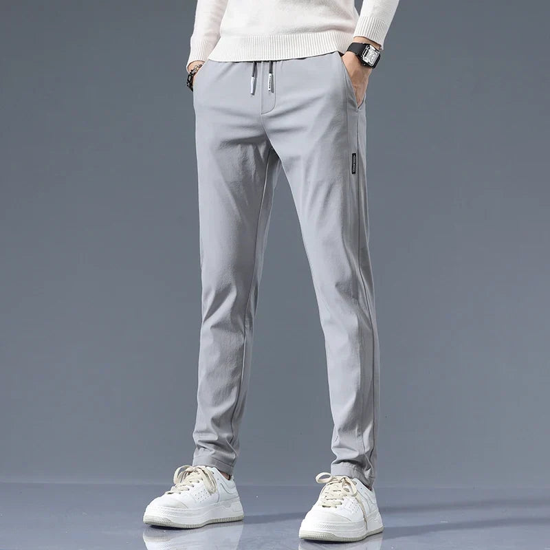 Slim-Fit Pants Men's Drawstring Waist Elastic Beige Casual Trousers – Office, Everyday Wear