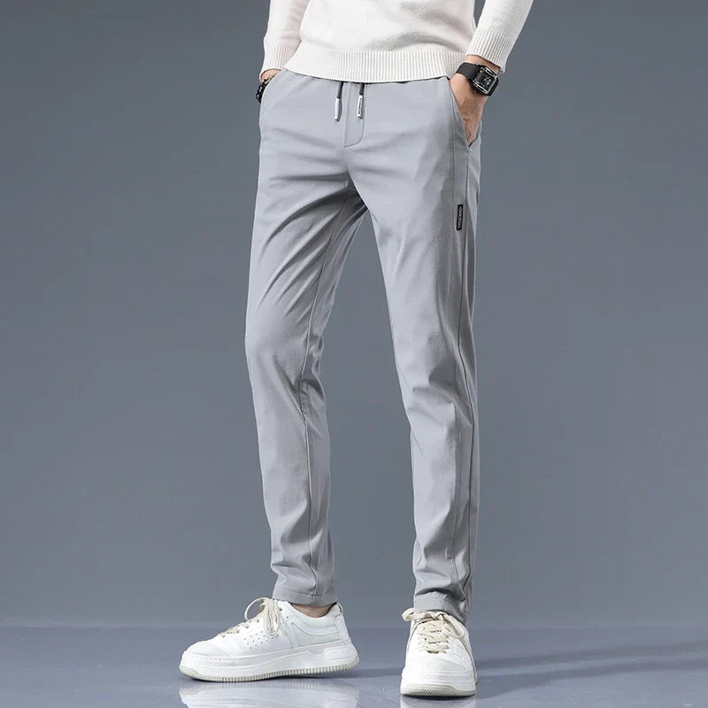 Slim-Fit Pants Men's Drawstring Waist Elastic Beige Casual Trousers – Office, Everyday Wear