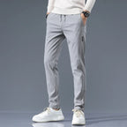 Slim-Fit Pants Men's Drawstring Waist Elastic Beige Casual Trousers – Office, Everyday Wear