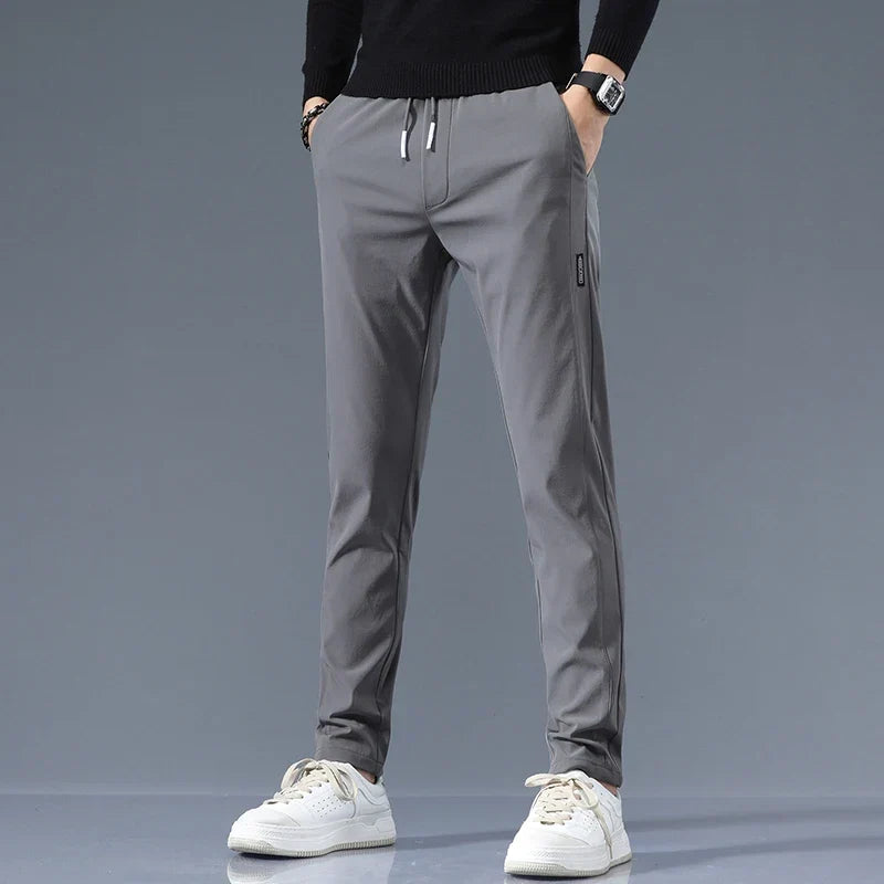 Slim-Fit Pants Men's Drawstring Waist Elastic Beige Casual Trousers – Office, Everyday Wear