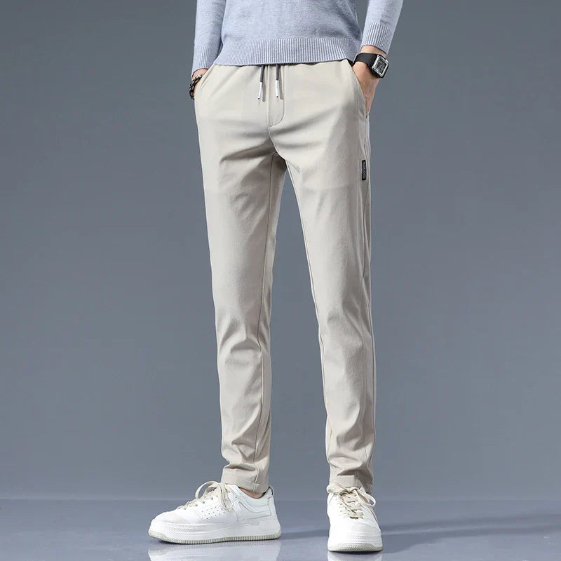 Slim-Fit Pants Men's Drawstring Waist Elastic Beige Casual Trousers – Office, Everyday Wear