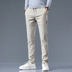 Slim-Fit Pants Men's Drawstring Waist Elastic Beige Casual Trousers – Office, Everyday Wear