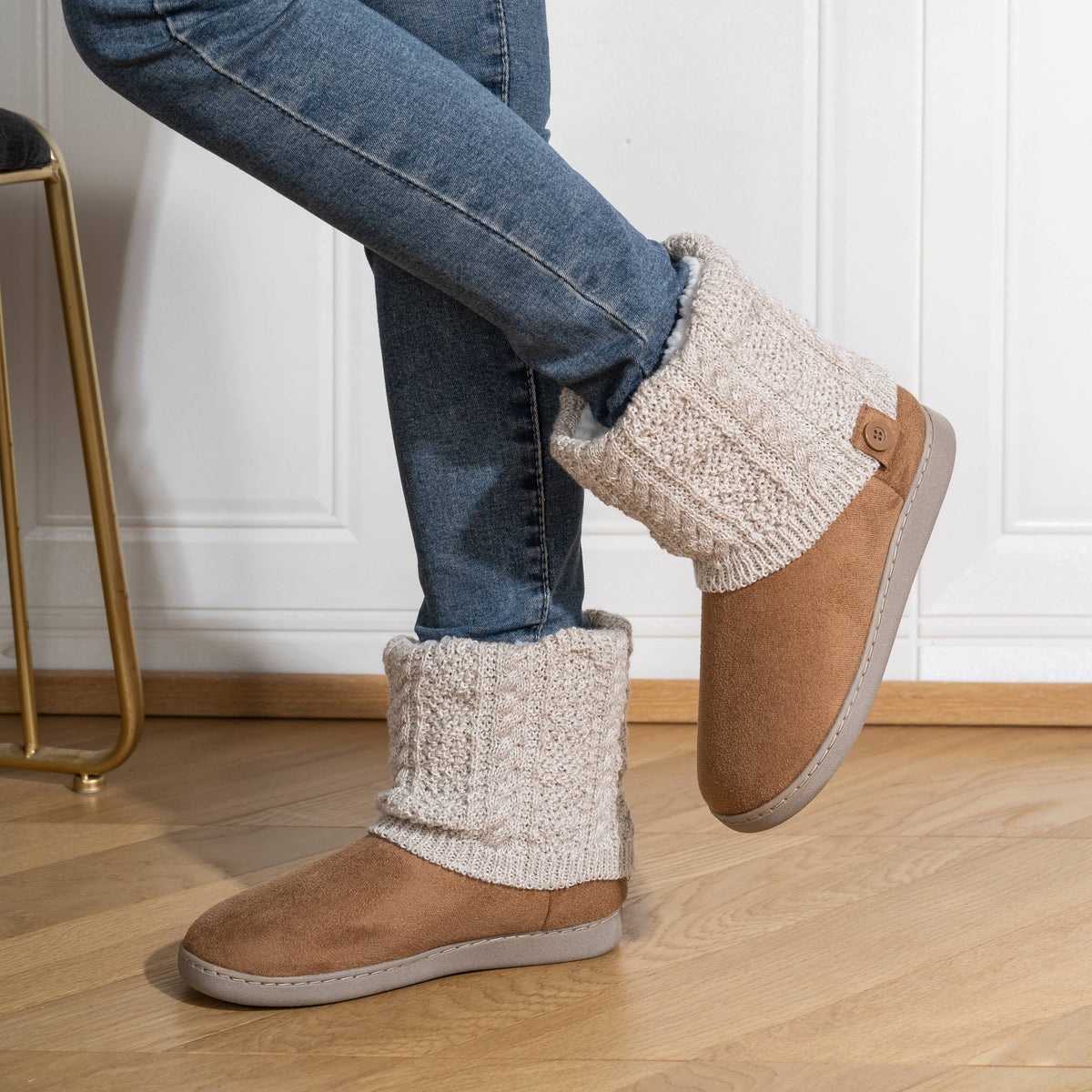 Slipper Boots Knit-Cuff Faux Suede Women's Ankle Bootie Slippers – Indoor House Warmth, Gift