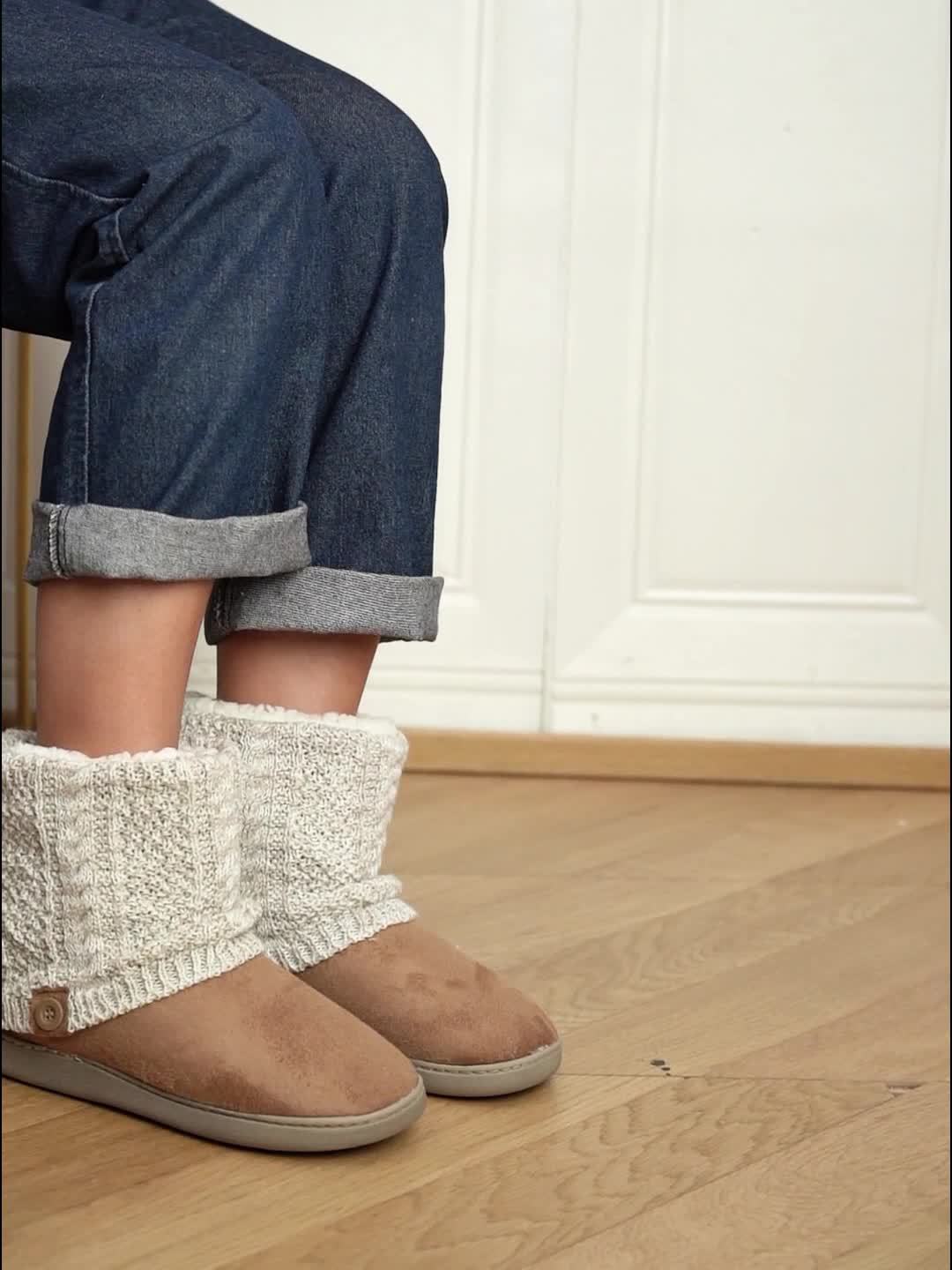 Slipper Boots Knit-Cuff Faux Suede Women's Ankle Bootie Slippers – Indoor House Warmth, Gift
