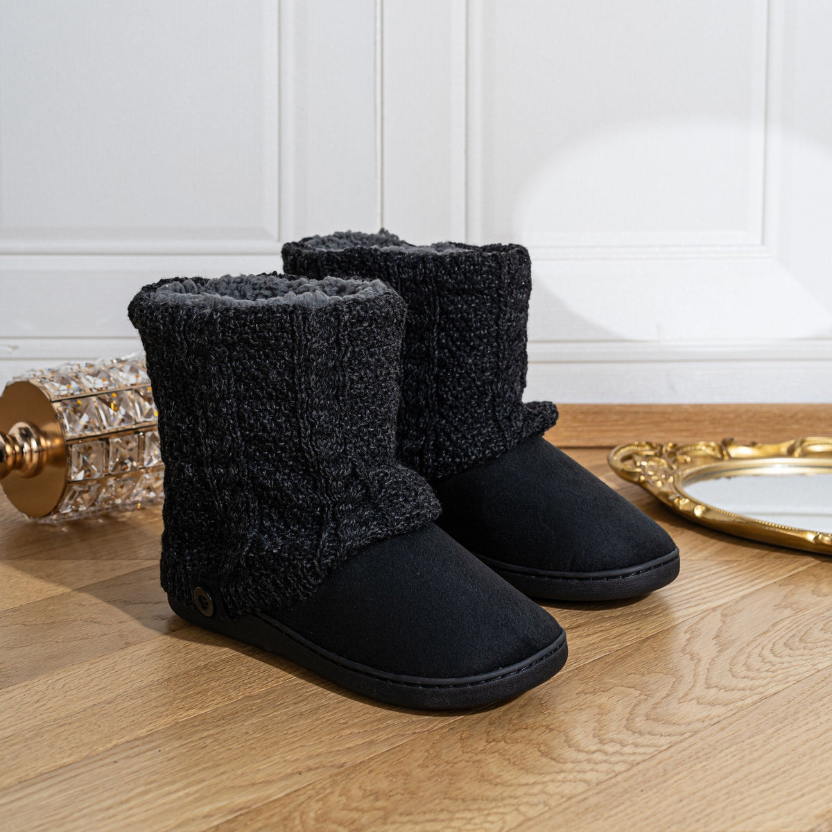 Slipper Boots Knit-Cuff Faux Suede Women's Ankle Bootie Slippers – Indoor House Warmth, Gift