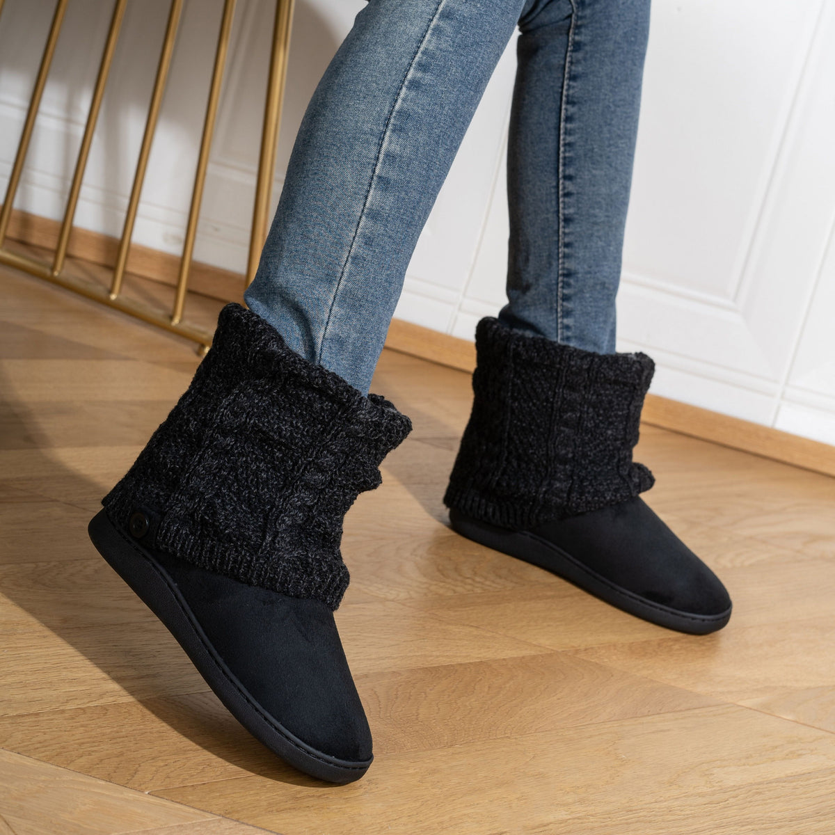 Slipper Boots Knit-Cuff Faux Suede Women's Ankle Bootie Slippers – Indoor House Warmth, Gift