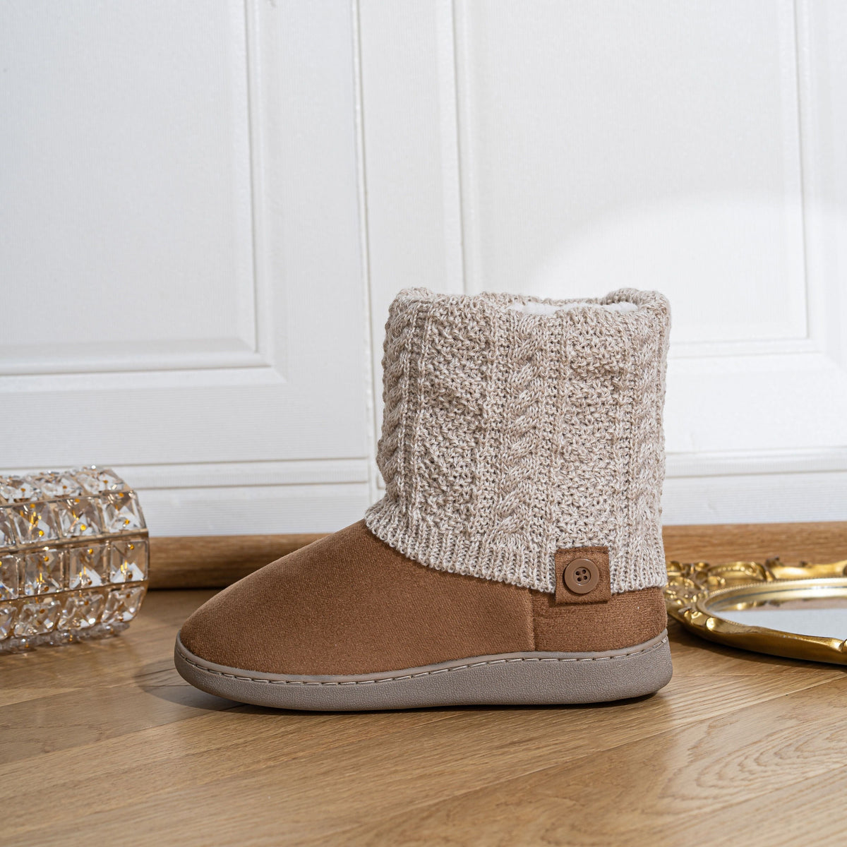 Slipper Boots Knit-Cuff Faux Suede Women's Ankle Bootie Slippers – Indoor House Warmth, Gift