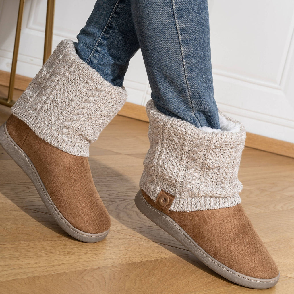 Slipper Boots Knit-Cuff Faux Suede Women's Ankle Bootie Slippers – Indoor House Warmth, Gift