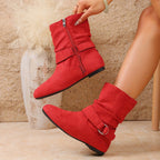 Slouch Boots Women's Black Suede Flat Mid-Calf with Buckle Strap Side Zipper – Casual, Office