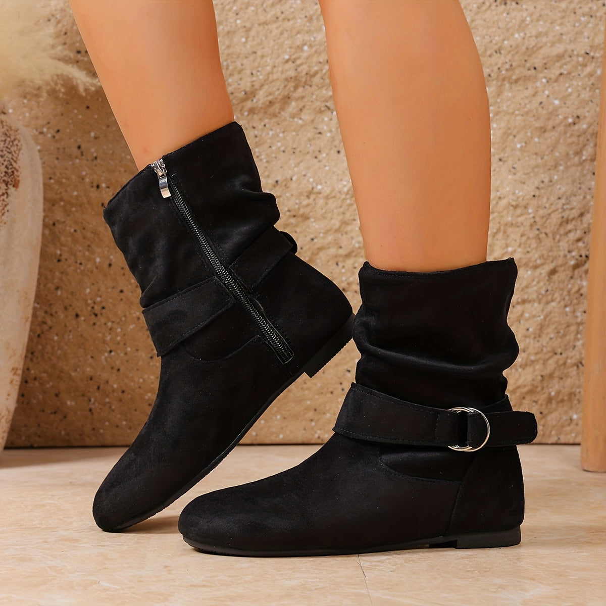 Slouch Boots Women's Black Suede Flat Mid-Calf with Buckle Strap Side Zipper – Casual, Office