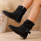 Slouch Boots Women's Black Suede Flat Mid-Calf with Buckle Strap Side Zipper – Casual, Office
