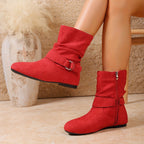 Slouch Boots Women's Black Suede Flat Mid-Calf with Buckle Strap Side Zipper – Casual, Office
