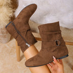 Slouch Boots Women's Black Suede Flat Mid-Calf with Buckle Strap Side Zipper – Casual, Office