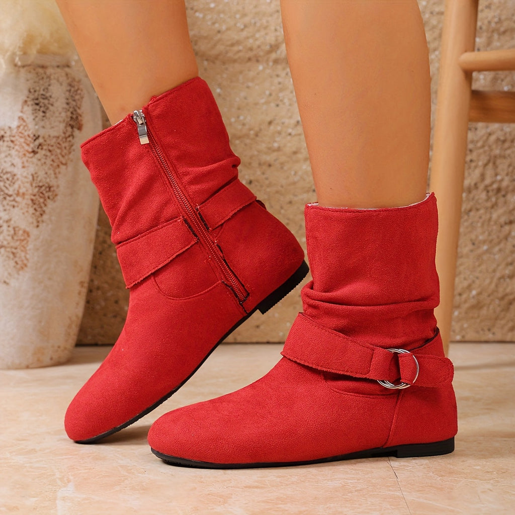 Slouch Boots Women's Black Suede Flat Mid-Calf with Buckle Strap Side Zipper – Casual, Office