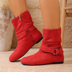 Slouch Boots Women's Black Suede Flat Mid-Calf with Buckle Strap Side Zipper – Casual, Office