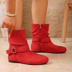 Slouch Boots Women's Black Suede Flat Mid-Calf with Buckle Strap Side Zipper – Casual, Office