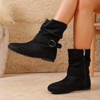 Slouch Boots Women's Black Suede Flat Mid-Calf with Buckle Strap Side Zipper – Casual, Office