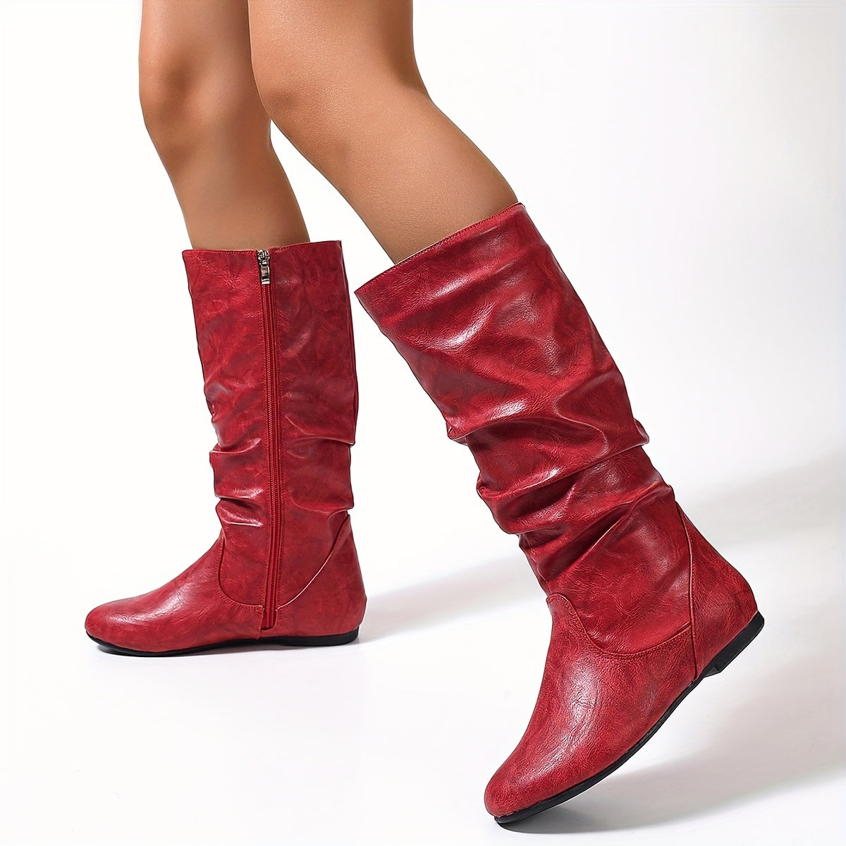 Slouch Mid-Calf Boots Women's Black Faux Leather Flat Side Zip – Casual, Office, Holiday, Gift