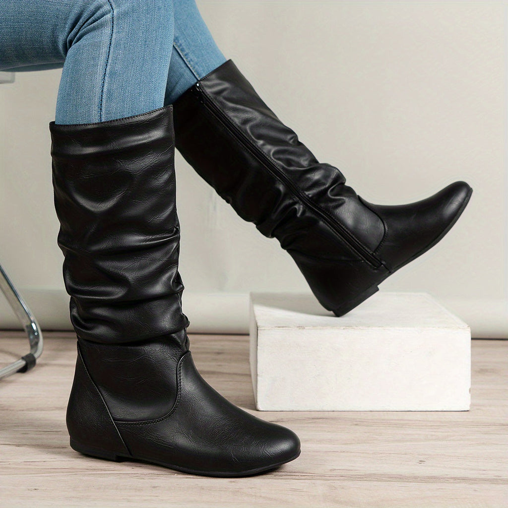 Slouch Mid-Calf Boots Women's Black Faux Leather Flat Side Zip – Casual, Office, Holiday, Gift