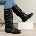 Slouch Mid-Calf Boots Women's Black Faux Leather Flat Side Zip – Casual, Office, Holiday, Gift