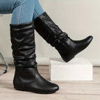 Slouch Mid-Calf Boots Women's Black Faux Leather Flat Side Zip – Casual, Office, Holiday, Gift