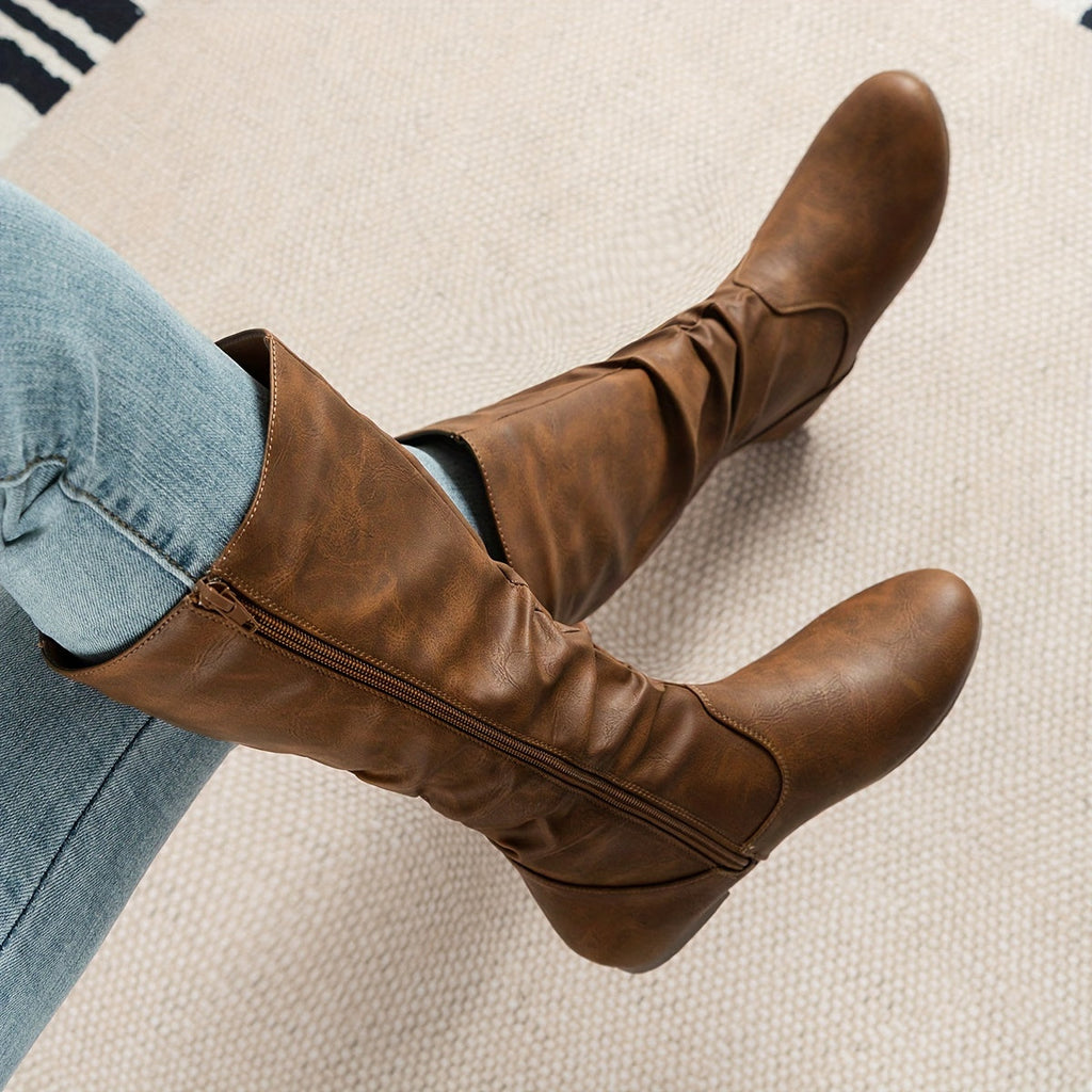 Slouch Mid-Calf Boots Women's Black Faux Leather Flat Side Zip – Casual, Office, Holiday, Gift