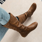Slouch Mid-Calf Boots Women's Black Faux Leather Flat Side Zip – Casual, Office, Holiday, Gift