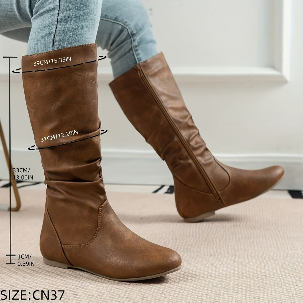 Slouch Mid-Calf Boots Women's Black Faux Leather Flat Side Zip – Casual, Office, Holiday, Gift