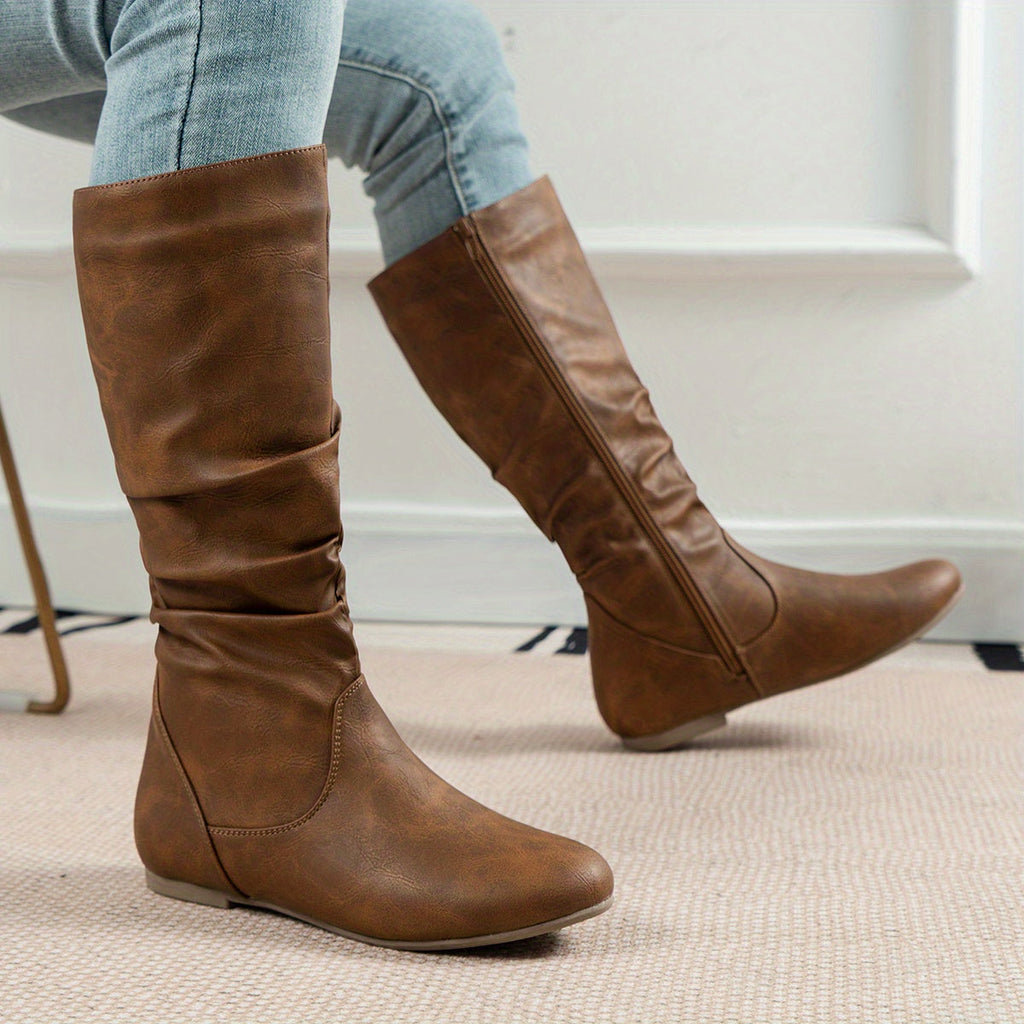 Slouch Mid-Calf Boots Women's Black Faux Leather Flat Side Zip – Casual, Office, Holiday, Gift