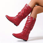 Slouch Mid-Calf Boots Women's Black Faux Leather Flat Side Zip – Casual, Office, Holiday, Gift