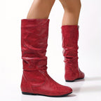 Slouch Mid-Calf Boots Women's Black Faux Leather Flat Side Zip – Casual, Office, Holiday, Gift