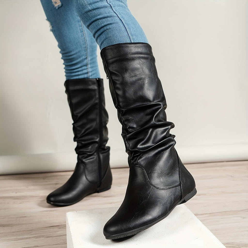 Slouch Mid-Calf Boots Women's Black Faux Leather Flat Side Zip – Casual, Office, Holiday, Gift