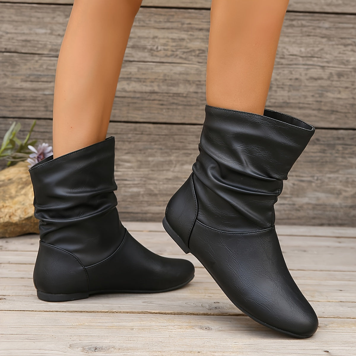 Slouchy Ankle Boots Women's Faux Leather Flat Slip-On – Casual, Office, Holiday · Faylori