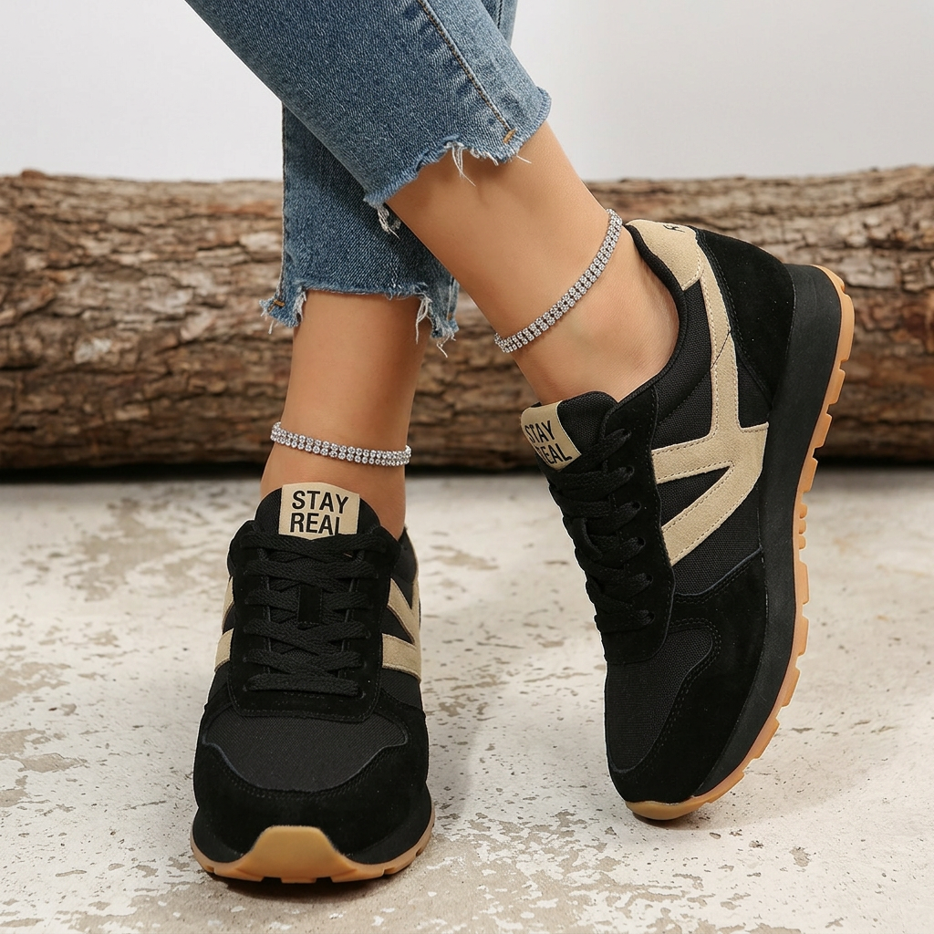 Sneakers Black Beige Lace-Up Women's Comfort Trainers – Casual, Everyday Walking
