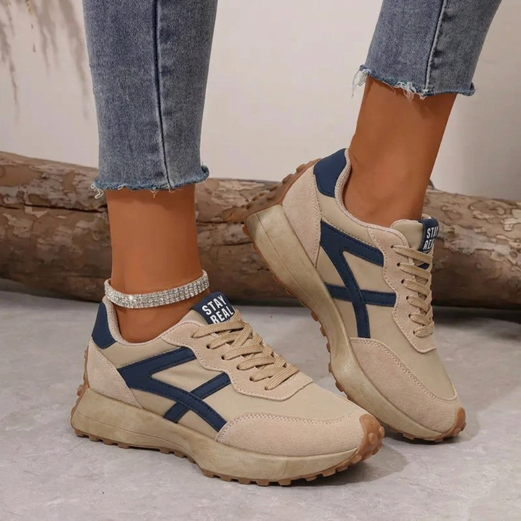 Sneakers Black Beige Lace-Up Women's Comfort Trainers – Casual, Everyday Walking