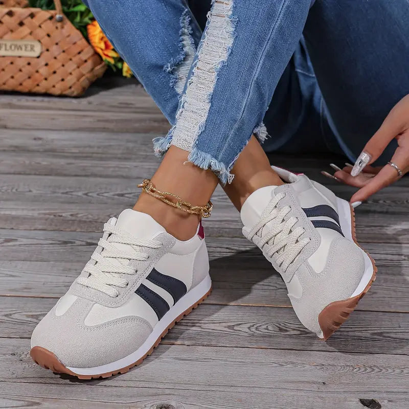 Sneakers White Gray Lace-Up Women's Low-Top Running Shoes – Casual, Sports, Everyday, Gift