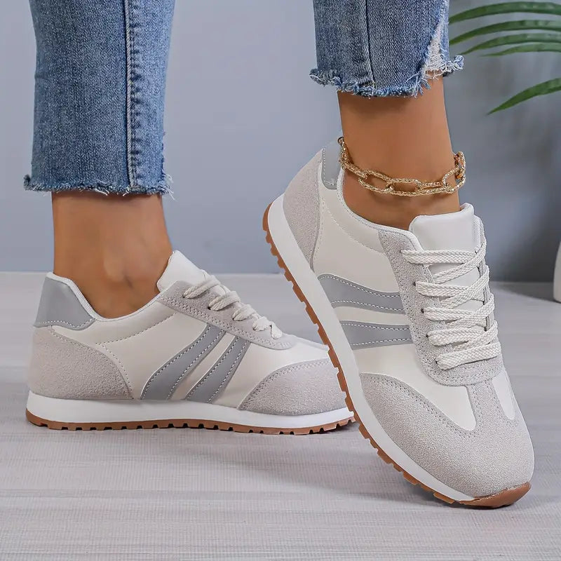 Sneakers White Gray Lace-Up Women's Low-Top Running Shoes – Casual, Sports, Everyday, Gift